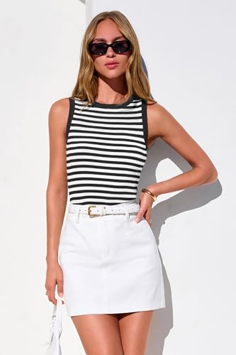 Image of PRETTYGARDEN Summer High Neck Striped Tank Tops for Women Casual Sleeveless Sweaters Basic Ribbed Knit Slim Fitted Shirts