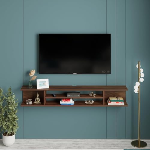 Image of Furniture Cafe Modern Wall Mounted TV Unit - Floating Entertainment Center with Shelves for Set Top Box, Books & Decor - Wooden Media Console for Living Room (Brown)