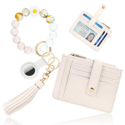 Sunpour Wristlet Wallets for Women Cute Keychain Wallet with AirTag Holder RFID Small Credit Card Holder Boho Beaded Wallet Keychain Wristlet Beige