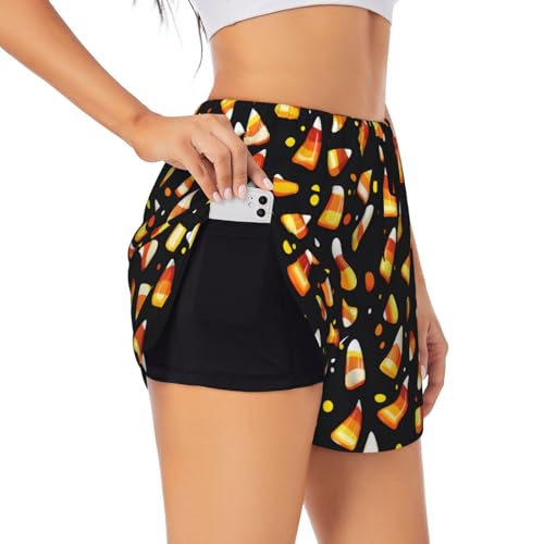 Running Shorts for Women - Halloween Candy Corn Print Athletic Workout Sport Gym Yoga Shorts with Liner Pockets
