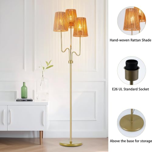 Image of MAYNA 3-Light Gold Boho Floor Lamp with Handwoven Rattan Shades
