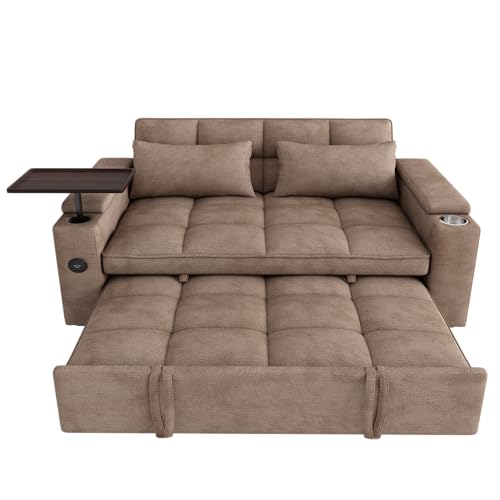 KEIKI 65' 3-in-1 Convertible Sofa Bed, Compact Sleeper Couch with Pull-Out Design, Rotating Side Table, USB Charging Ports & Storage Armrests for Guest Room & Small Spaces