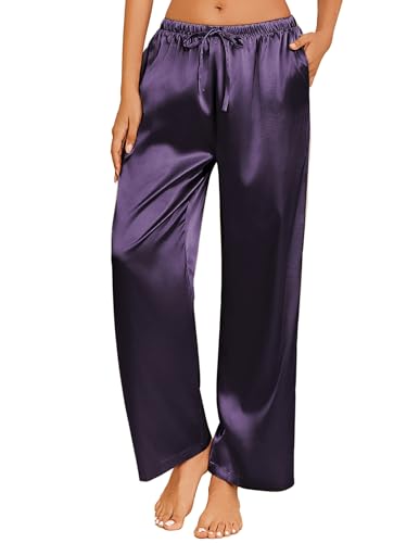 Image of Ekouaer Womens Silk Satin Pajama Lounge Pants Sleep Pj Bottoms with Pockets | Silky,Loose Wide Leg,Drawstring Elastic Waist,Casual,Loose,Elegant