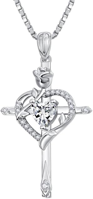 Cross Necklace for Women Gold 14K 18K Gold Plated Dainty Heart Birthstone Rose Necklaces Everyday Jewelry Baptism Faith Anniversary Christmas Birthday Gifts for Wife Mom