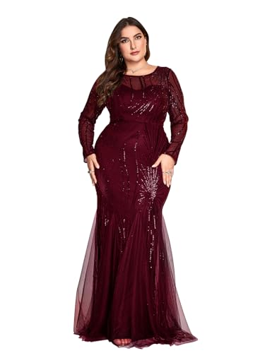 Image of Plus Size Long Sleeve Sequin Evening Dress Glitter Mermaid Long Gown for Mother of The Bride Or Wedding Guest