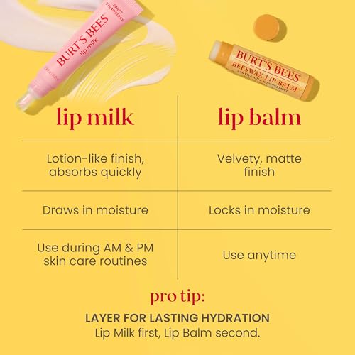 Image of Burt's Bees Lip Milk, Daily Lip Moisturizer, Sweet Strawberry, Vitamin Enriched Moisturizing Lip Balm with Almond Milk and Jojoba Oil, Hydrating for Softer Lips, 1 Tube, 0.34 Fl Oz