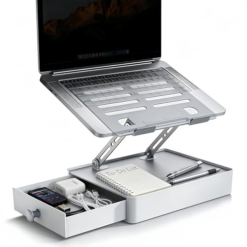 YUMFUN Laptop Stand with Storage Drawer Heavy-Duty Metal Laptop Riser for Desk Ergonomic Height & Angle Adjustment for 1016.2 Laptops Silver