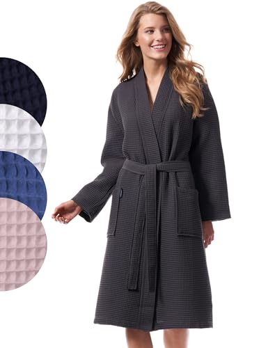 Morgenstern Mujer Bata de Baño Diseño de Gofre Kimono Albornoz Piqué Algodón Gris Talla 42/44
