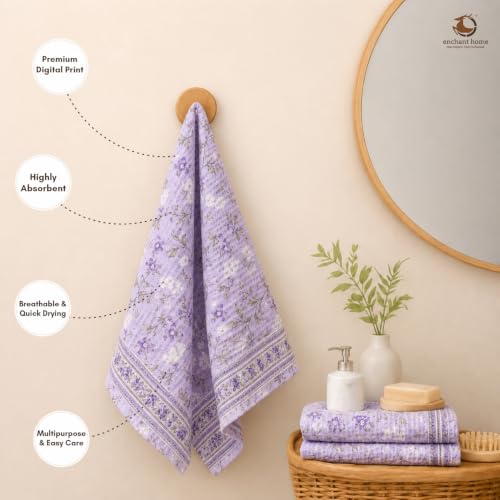 Image of Cotton Rich Printed Waffle Hand Towel | Lightweight | Anti Microbial & Water Absorbent | Soft Touch Quick Drying Towels (Lilac Bloom, Pack of 4)