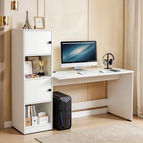 Image of ABOUT SPACE Study Table with Cabinet - Computer Table with 2 Open, 2 Closed Storage Space DIY Engineered Wood Office Desk for PC Laptop Gaming (White - L 158.5 x B 56 x H 146.5cm)