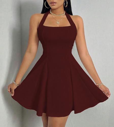 Image of PerZeal Women's Summer Halter Dress Backless Mini Beach Party Dress Sleeveless A-Line Sundress Casual Club Dress