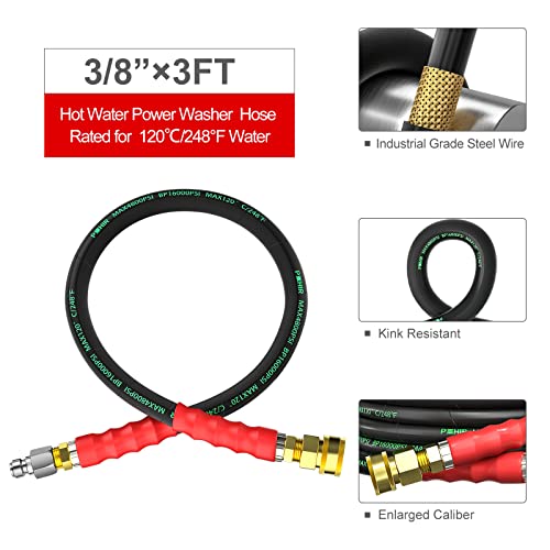 POHIR Pressure Washer Whip Hose 3/8”, 248℉ Hot Water Pressure Washer Hose 4800 psi, High Pressure Jumper Hose 3FT, Power Washer Hose 100FT 3/8'' Quick Connect, High Tensile Wire Braided Car Wash