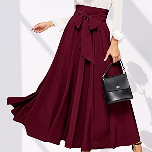 Women's Elegant High Waisted Skirt Tie Front Pleated Maxi Skirts Fashion Solid Color Flowy Swing Ankle Length Skirt2