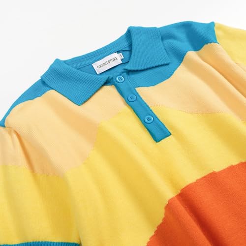 OXKNIT Mens Knitted Geometric Patterns Polo Shirts Short Sleeve Vintage Multi-Colored Shirts3