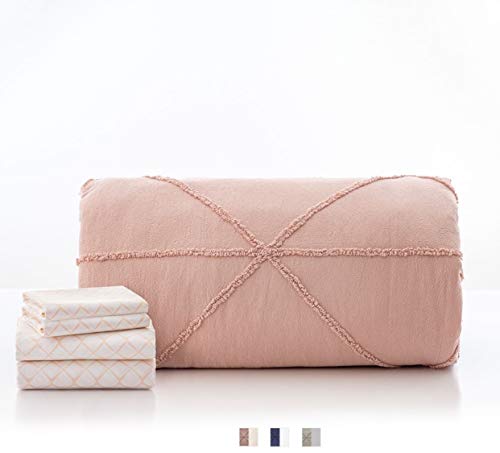 OCM 5-Piece Bed-in-a-Bag Comforter Set in Silas Pink | Full and Queen Size | 100% Cotton Blush Pink Comforter, White and Pink Geometric Sheets, Soft Pinks | Comforter and Sheet Set Bundle