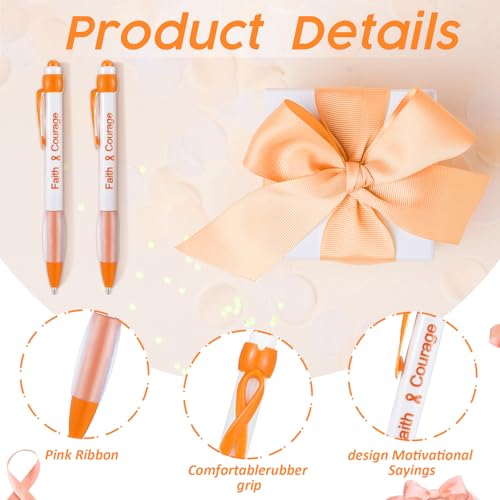 Image of Qilery 120 Pcs Leukemia Awareness Items Gifts Set - Orange Ribbon Lapel Pins, Kidney Cancer Multiple Sclerosis Awareness Bracelets, Hope Strength Retractable Pens, Organza Bag Bulk for Event Charity