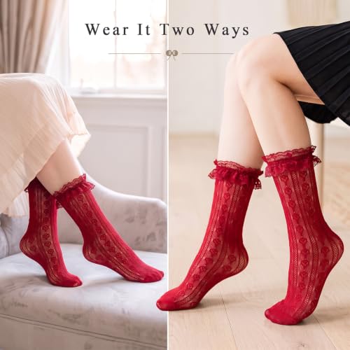 Image of Women Lace Ruffle Socks White Black Frilly Lolita Crew Dress Socks