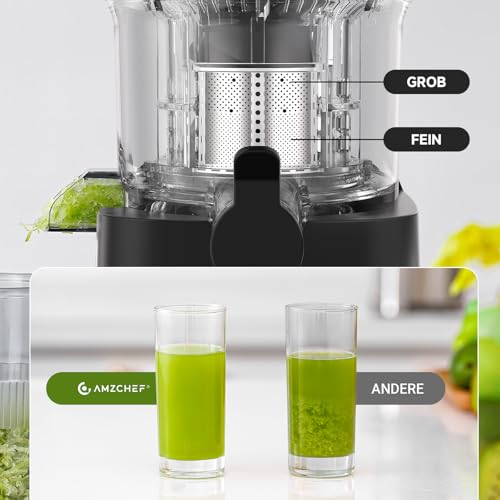 AMZCHEF Entsafter - Slow Juicer mit 113MM Breite und Größere Fütterungsröhre für Ganze Gemüse und Obst - Leicht zu Reinigender Entsafter mit 2 Gläsern - Silbrig – Bild 6
