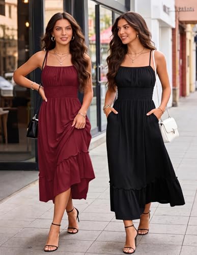 Image of GRACE KARIN Women's Summer Maxi Dress 2026,Smocked Ruched Bust Sundress with Adjustable Straps & Pockets-Beach Vacation Dress