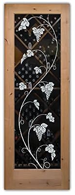 Frosted Glass Wine Door - Vineyard Grapes Unfurled - 1D Positive Clear - Grapes & Ivy - 30" x 84" - Book/Slab Door - Alder Knotty