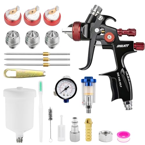 SRQLNTT HVLP Air Spray Gun Kits with 1.3/1.7/2.0 mm Nozzles Spray Paint Gun Automotive with Air Regulator Separator for Car Paints, Primer, Clear/Top Coat & Touch-Up, DIY Painting Spray (All Black)
