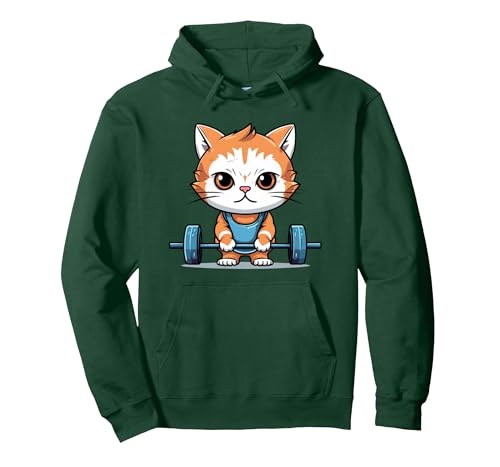 Cat Deadlifting Cute Kawaii Funny Fitness Gym Cat Lovers Pullover Hoodie, Adult Unisex, Dark Green, Large