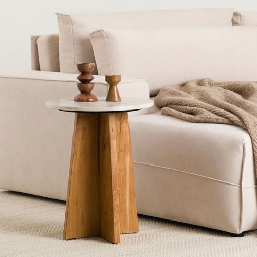 KERALA Beistelltisch mit Tischplatte aus Marmor, 40 cm, Weiß/Natur - Runder Wohnzimmertisch aus massivem Mangoholz, Couchtisch mit eleganter Silhouette, Ideal für Wohnzimmer, Schlafzimmer oder Flur