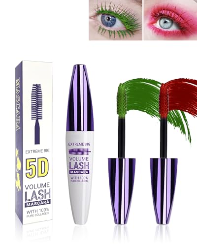 Green & Red Colored Mascara - 2 Pack Waterproof 5D Volumizing Fiber Lash Mascara, Smudge-Proof Long Lasting Curling, Halloween Cosplay Colorful Eye Makeup