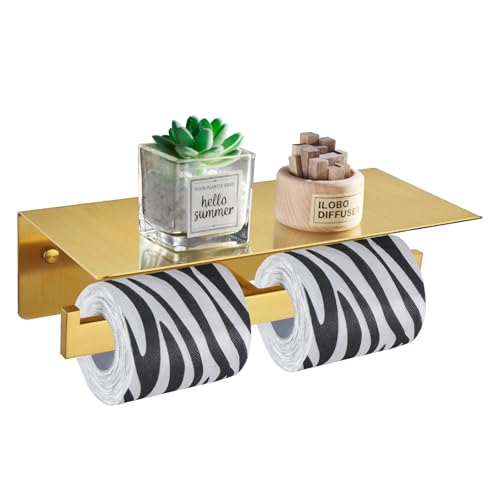 Angle Simple Toilet Paper Holder with Shelf Brushed Gold, 304 Stainless Steel Double Toilet Tissue Holder for Wall