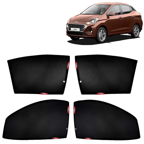 Image of KINGSWAY Car Sun Shade Curtains Only Compatible with Hyundai Aura (2020 to 2022) | Z-Black Fix-Type (Non-Magnetic) | UV & Heat Protection | Pack of 4 Pcs