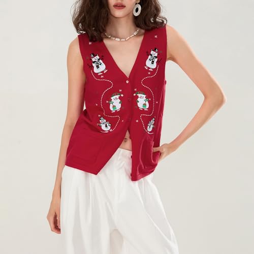 Image of KMBANGI Women Christmas Button Sweater Vest Embroidery Sleeveless Cardigan