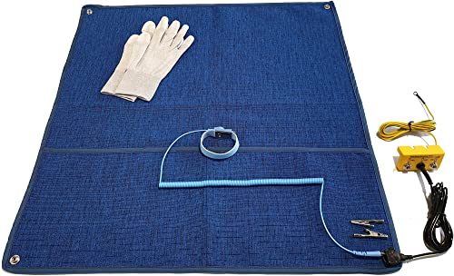 Minadax alfombrilla de trabajo antiestática de 60 x 60 cm, tejido ESD antiestático, textil de alta tecnología, sin silicona, juego de manguitos ESD de 2,4 m, caja de toma de tierra, guantes ESD