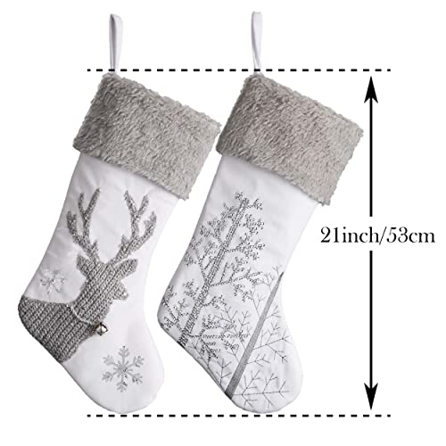 Valery Madelyn 21 Inch 2 Pack Large Frozen Winter Silver White Christmas Stockings Decorations Personalized Hanging Ornaments With Embroidery Christmas Tree, Reindeer And Faux Fur Trim For Xmas Gifts #TOP2