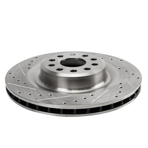 Image of Detroit Axle - Rear Brake Rotors for 2016-2021 Tesla Model S Model X, Drilled and Slotted Disc Brake Rotors 2017 2018 2019 2020 Replacement: 14.37 inch inch Rotors