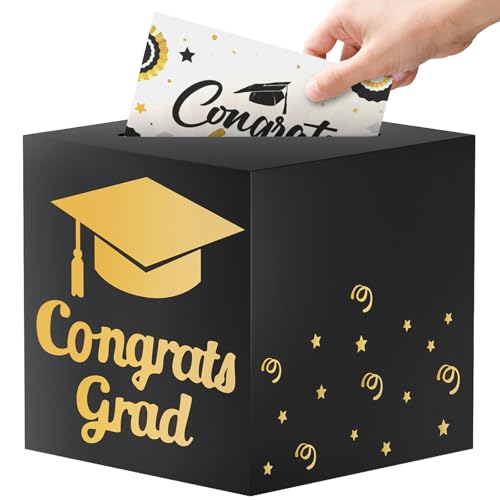 Image of OLANRUN 9 inch Graduation Card Box, Graduation Decorations 2026 - Congrats Grad Foldable Cardstock Money Box for Class of 2026 Grad Party Decor (Black)