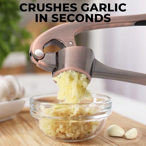 Image of Zulay Kitchen Large Premium Garlic Press Set - Bigger Bowl for Bigger Garlic - Rust Proof Garlic Mincer Tool - Easy-Squeeze, Easy-Clean Silicone Garlic Peeler & Brush (Copper)