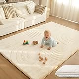 Huloo Sleep 1.3' Thick Area Rug for Living Room Bedroom, 5'×7' Kids Rug with Ultra Soft 3D Carved Faux Rabbit Fur, Non-Slip Fluffy Carpet Nursery Rug for Playroom Home Decor (Cream)