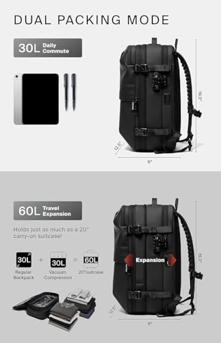 Image of BlackVoyage Vortex Vacuum Seal Travel Backpack 60L Expandable Air Compression System Water Resistant TSA Lock, Aero (Black), 60L (Air Pump Included), Aero