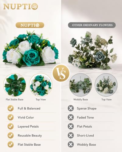 Image of NUPTIO Flower Wedding Centrepieces for Tables - 10 Pcs 9.5in Diameter Teal & White Artificial Flowers Rose Ball for Centerpieces Table - Fake Rose Arrangements for Weddings Birthday Party Decorations