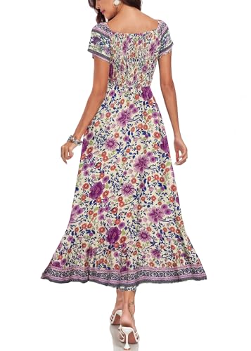Image of Summer Smocked Boho Maxi Dress for Women 2026 Short Sleeve Floral Smocked Flowy Ruffled Beach Vacation Dresses Lightweight