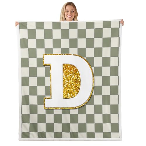 Image of Erosebridal Sage Green Checkered Fleece Blanket Throw 50 inchx60 inch Plaid Initial D Sherpa Blanket Personalized Monogram Fuzzy Plush Throw for Kids Boys Girls,Fashion Grids Gingham Decor for Bed Couch