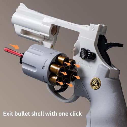 Image of Revolver Toy Gun | Real Looking Plastic Airsoft Gun Pistol| Semi-Automatic Style | 12 Bullet Shell' and 50 Bullet Included(White+Grey)