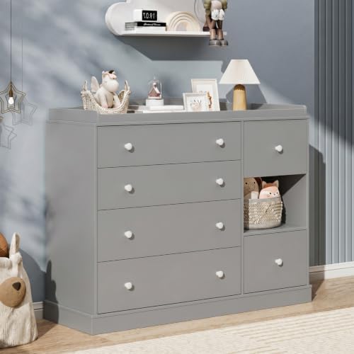 Image of HOSEOKA Kids Dresser Cabinet with 6 Drawers, Changing Table for Nursery with Shelf, Multi-Functional Chest of Drawers, Kids Bedroom Furniture, Nightstand for Children