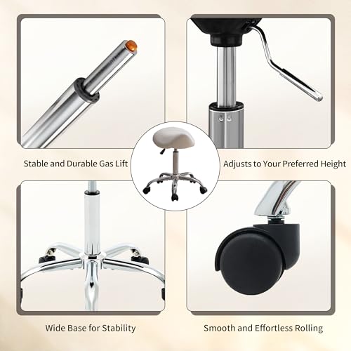 Image of FIRAVOE Saddle Stool, Swivel Saddle Stool with Wheels, Adjustable Rolling Stool 18 inch-26 inch, Faux Leather Rolling Stool for Salon, Massage, Clinic, Lab, Office, White, 1PCS