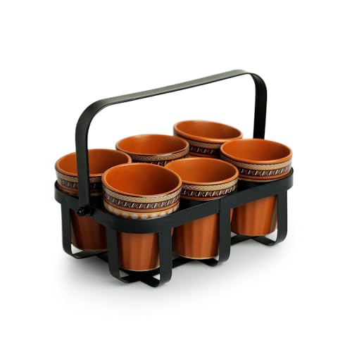Image of ExclusiveLane 'Geometric' Ceramic Kullad Cups Set of 6 (Microwave Safe, 120 ml Each)|Ceramic Tea Cups Set of 6 Chai Kulhad Chai Cups Cutting Tea Glasses with Stand Kuhlad Cup Set