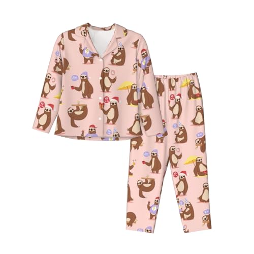 Pyjama à manches longues imprimé paresseux pour femme avec pantalon élastique