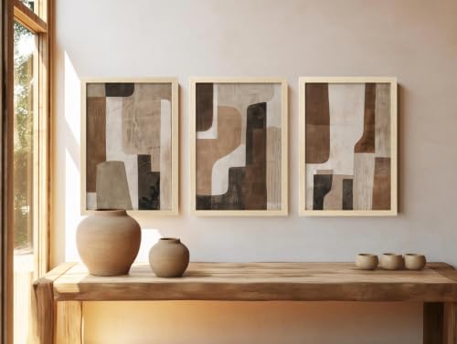 Image of BLINKART Set of 3 VINTAGE GEOMETRIC ARCHES BROWN Natural Brown Frame Painting for Wall Decoration - Modern Art Wall Decor Framed Painting for Living Room Bedroom - Framed Wall Posters /Paintings (8X12 inch)