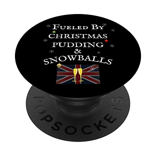 CHRISTMAS PUDDING & SNOWBALLS, BRITISH UNION JACK UK FLAG PopSockets Swappable PopGrip, Black