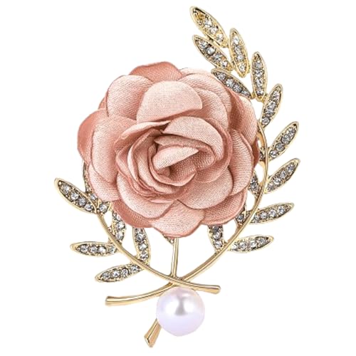Rose Brooch for Women,Dainty Satin Fabric Flower Lapel Pins Vintage Elegant Pearl Brooches Handmade Crystal Pearl Pins Silk Camellia Safety Collar Pin Dress Suit Accessories Wedding Bridal Bouquet Jewelry (Pink1)