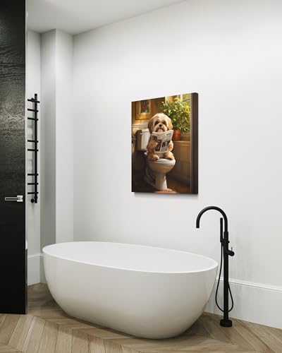 Image of Shih Tzu on Toilet Wall Art Print Canvas Wrapped, Dog Bathroom Humor Decor Posters Prints for Restroom Home Picture Painting Artwork Gallery 7 (Shih Tzu, 20 inchL x 16 inchW CANVAS, Wrapped Canvas)
